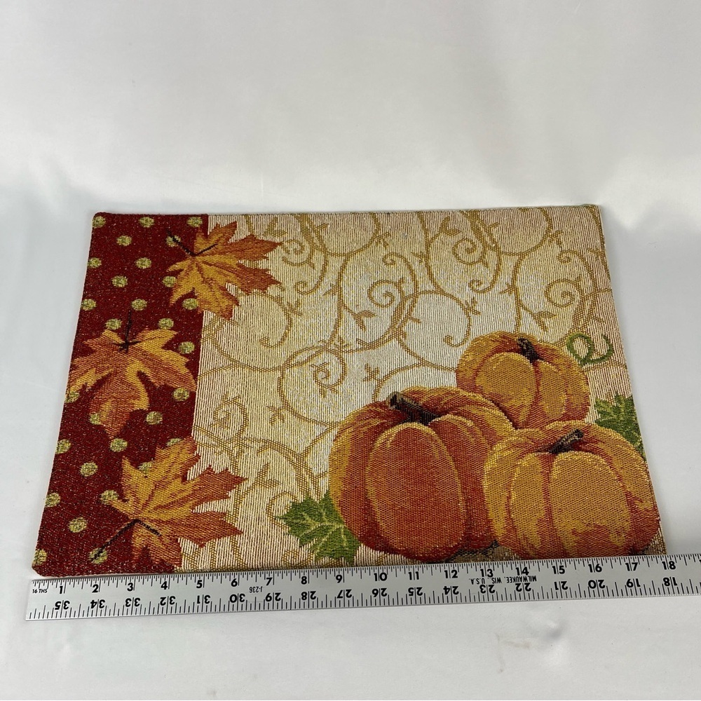 Pair of Placements (2) Pumpkins and Leaves w/Gold Scrolls Orange Tan Red Bling - Picture 11 of 14